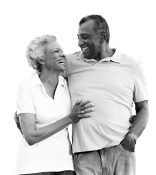 senior couple hugging, smiling